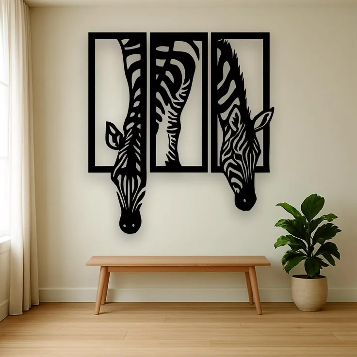 Two zebra heads across three panels