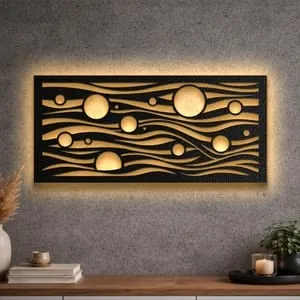 Abstract wave-and-orb horizontal panel