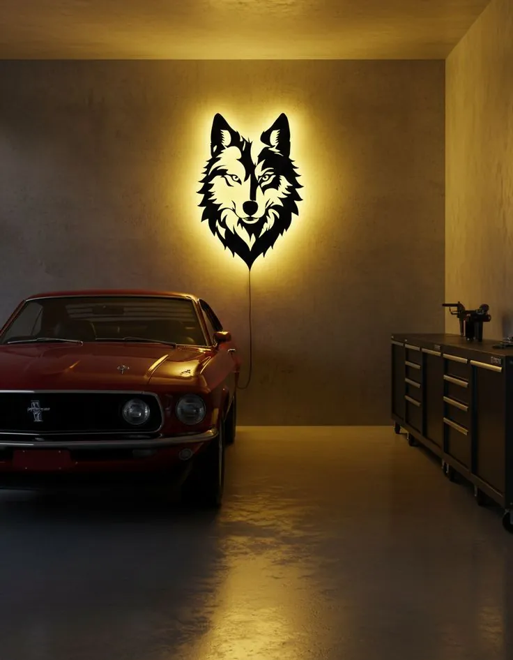Wolf head above a classic Mustang in cut metal