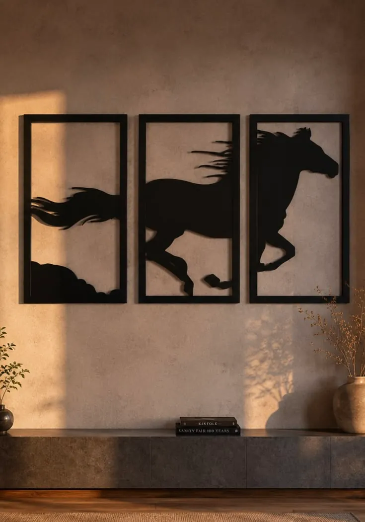 Laser-cut galloping horses metal wall art