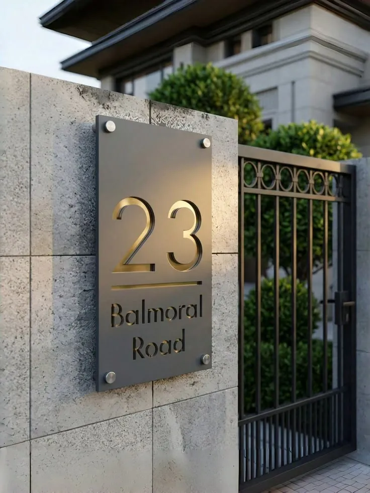 Grey acrylic address plaque with a gold number