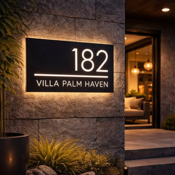 Backlit acrylic house sign at dusk